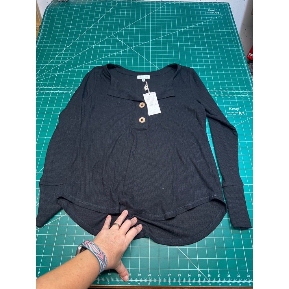 Grace & Lace Black Ribbed Long Sleeve Notch Neck Button Top Medium NWT